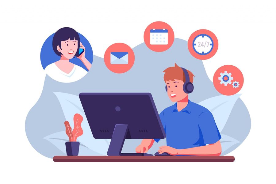 Call centre team working with headsets in a bright office